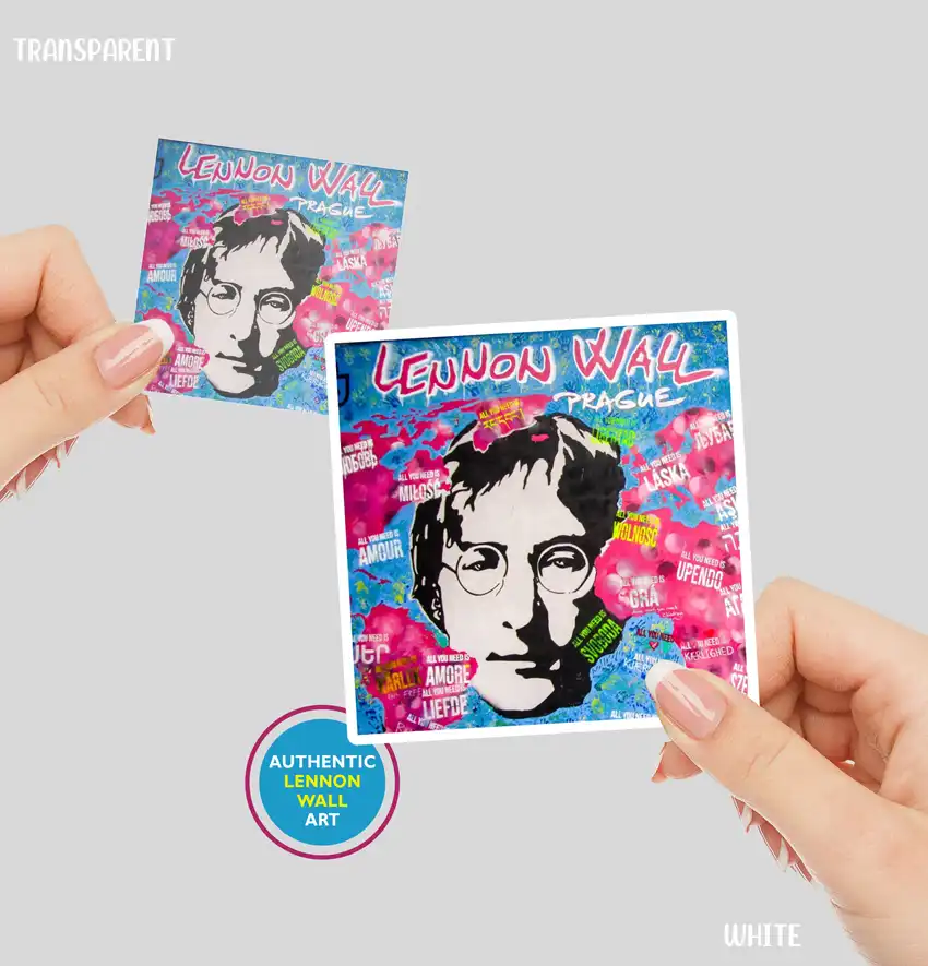 A vibrant sticker with a colourful stencil of John Lennon surrounded by graffiti and street art from the legendary Lennon Wall in Prague, perfect for Beatles fans, street art lovers and travelers.