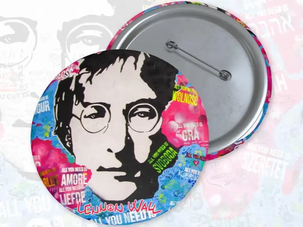 John Lennon Wall Pinback Button featuring vibrant graffiti-inspired art from Prague's Lennon Wall, available in 3 sizes, perfect for Beatles fans and street art enthusiasts.