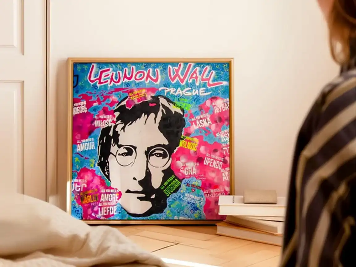 John Lennon Wall Art Poster featuring a stencil of John Lennon surrounded by colorful graffiti, printed on museum-grade archival paper, perfect for Beatles fans, art lovers, and Prague enthusiasts.