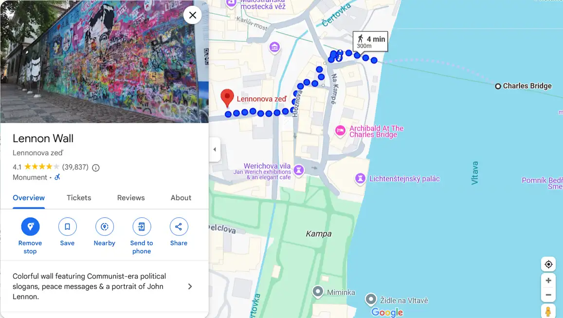 Image from Google Maps with the detail of the way to Lennon wall from Charles bridge Prague